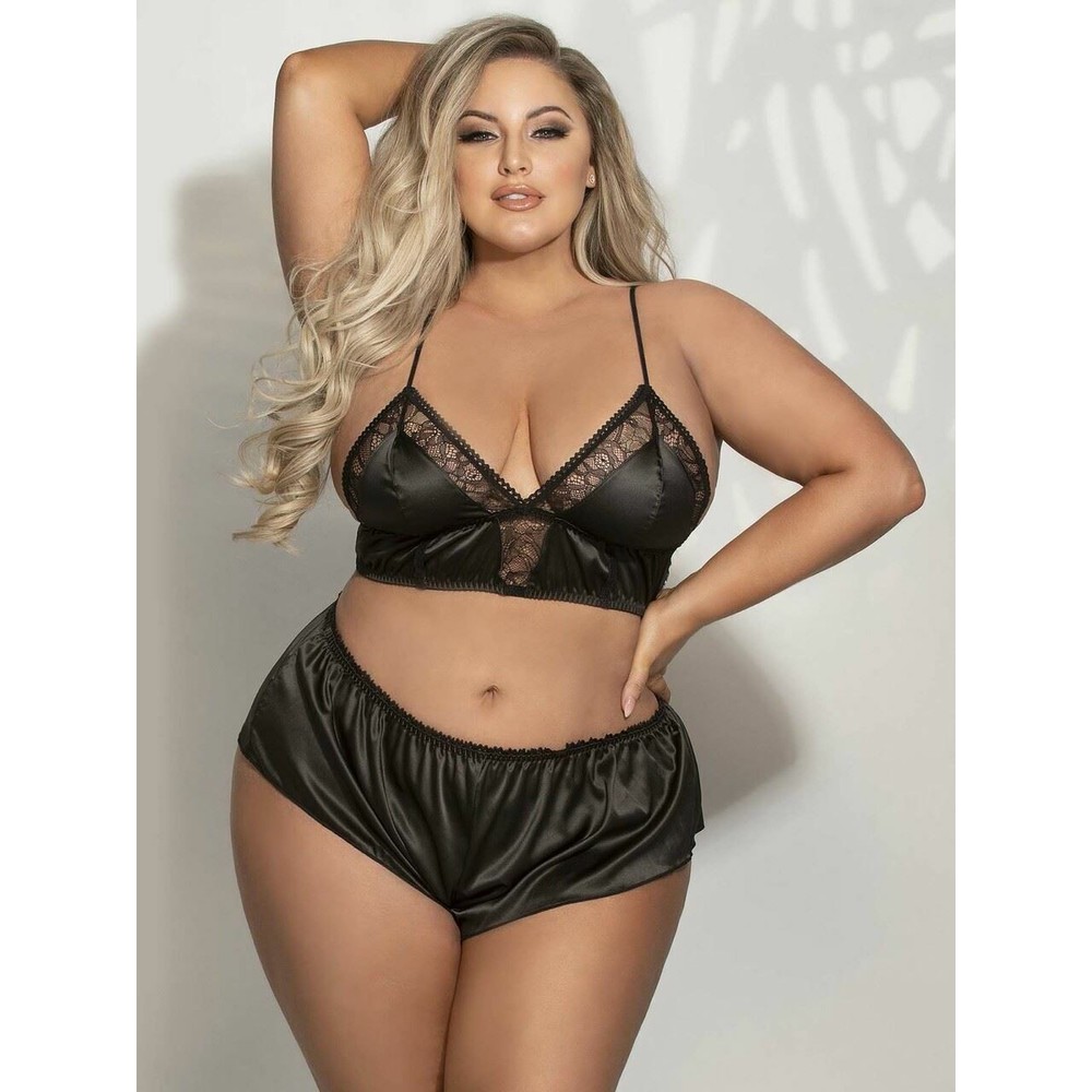Satin Pajama Set Womens Plus Size 1x 2x Black Bralette Bra